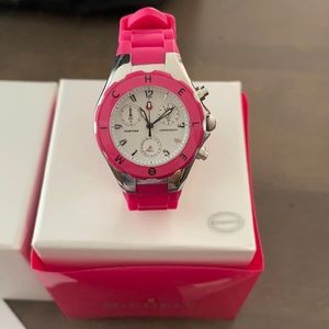 MICHELE Women Jelly Bean Stainless Steel Quartz Watch with Silicone Strap, Pink